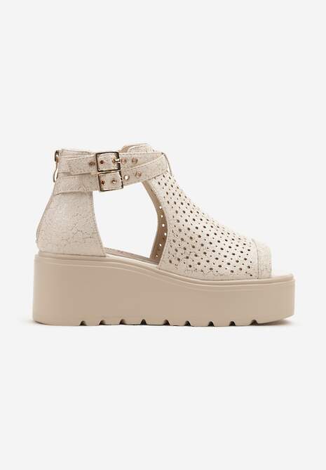 Ciemnobeżowe Sandały na Koturnie z Ażurową Cholewką i Skórzaną Wkładką Evialina