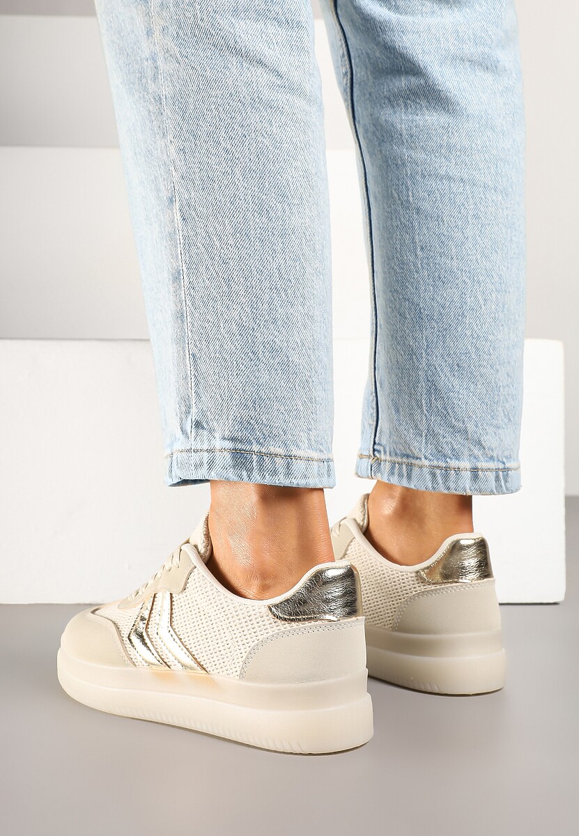 Beżowe Sneakersy Ozdobione Paskami Sadleane