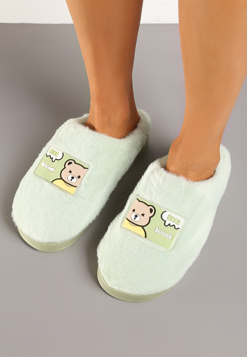 Zielone Futrzane Kapcie Vices na Platformie Ozdobione Naszywką Deofra