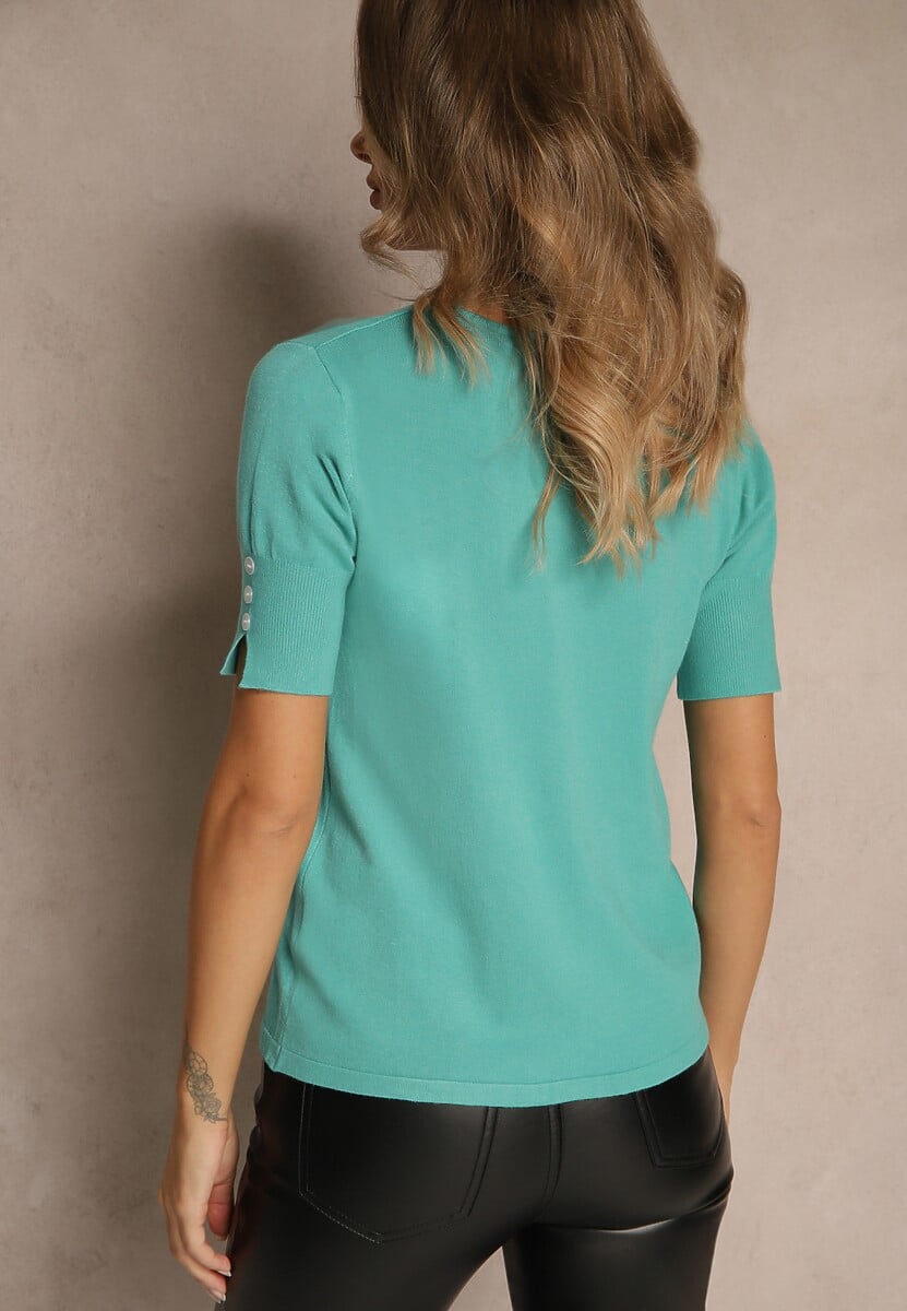 Zielona Bluzka z Dzianiny z Dekoltem w Kształcie Litery V Fenelesa