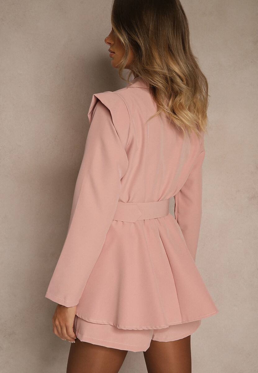 Ciemnoróżowy Taliowany Kombinezon Imitujący Garnitur z Paskiem i Cyrkoniami Milazi