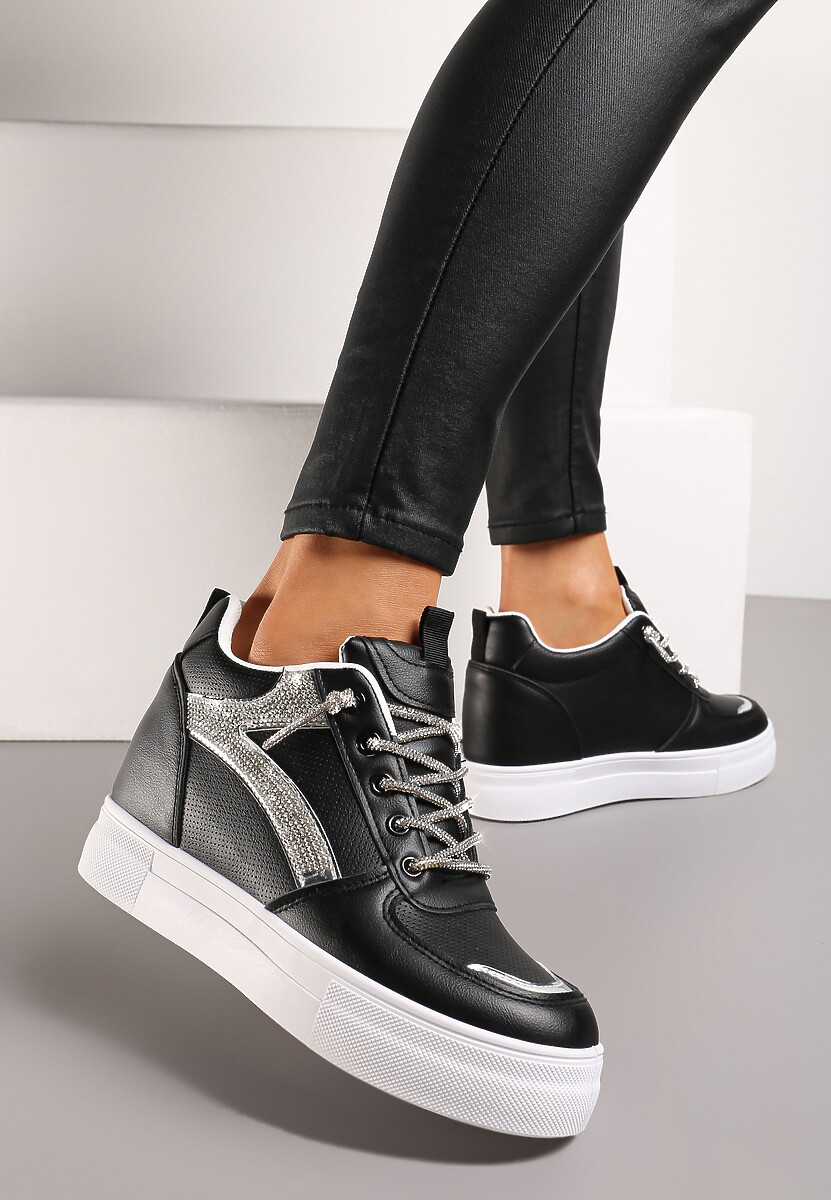 Czarne Sneakersy ze Wstawką z Cyrkonii na Ukrytym Koturnie Hricane