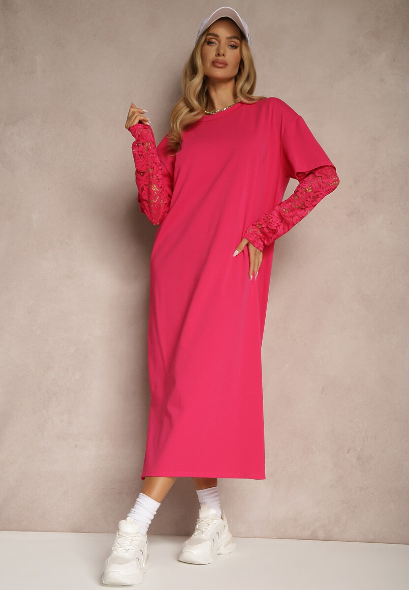 Jasnobeżowa Sukienka z Bawełny o Kroju Typu T-shirt z Koronką i Rozcięciami Tanisla