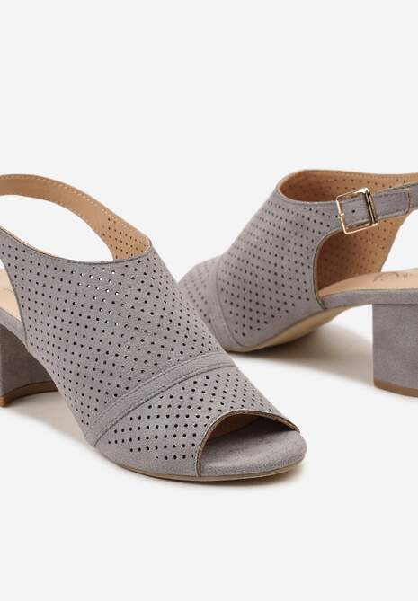 Szare Sandały na Słupku Peep Toe z Ażurowym Zdobieniem Tavia