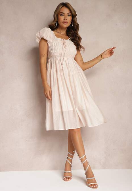 Jasnoróżowa Sukienka z Bufiastymi Rękawami i Gumką w Pasie o Rozkloszowanym Kroju Vikkitha