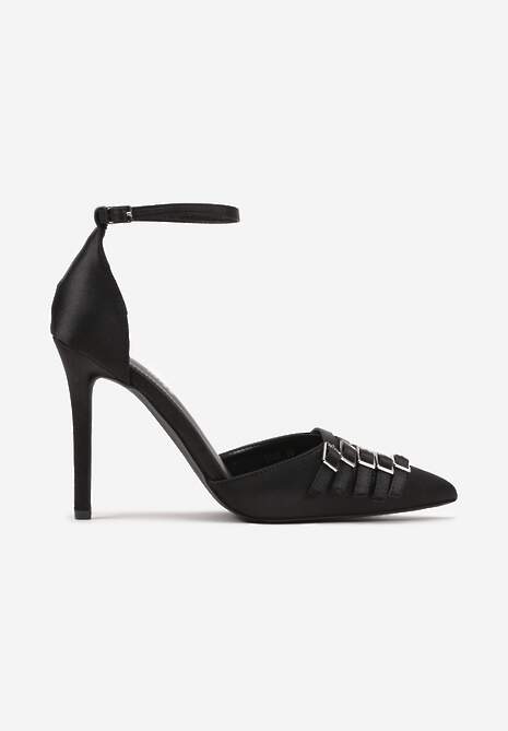 Czarne Szpilki Satynowe Ozdobione Klamrami Liorlina