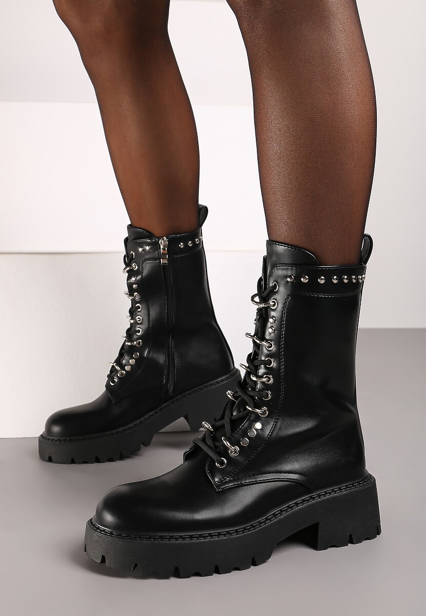 Czarne Botki Workery z Ozdobnymi Nitami na Grubej Podeszwie Miataria