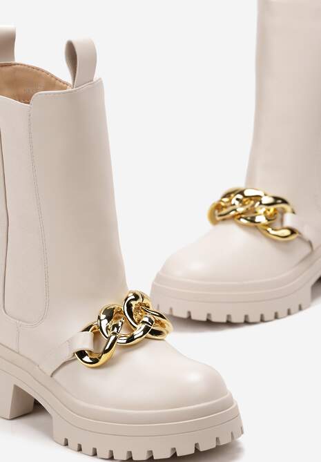 Beżowe Botki Workery na Grubej Podeszwie z Łańcuchem Sylasse