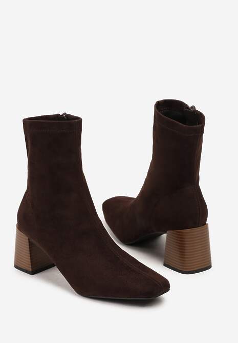 Brązowe Botki Vices na Stożku z Noskiem o Kwadratowym Kształcie Amiste