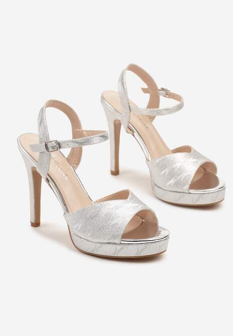 Srebrne Sandały Szpilki z Platformą w Abstrakcyjny Wzór Lisanitia