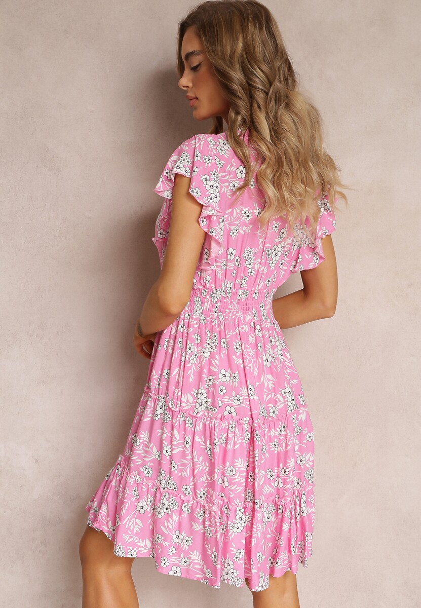 Różowa Rozkloszowana Sukienka z Wiskozy i Falbankami Brindisi