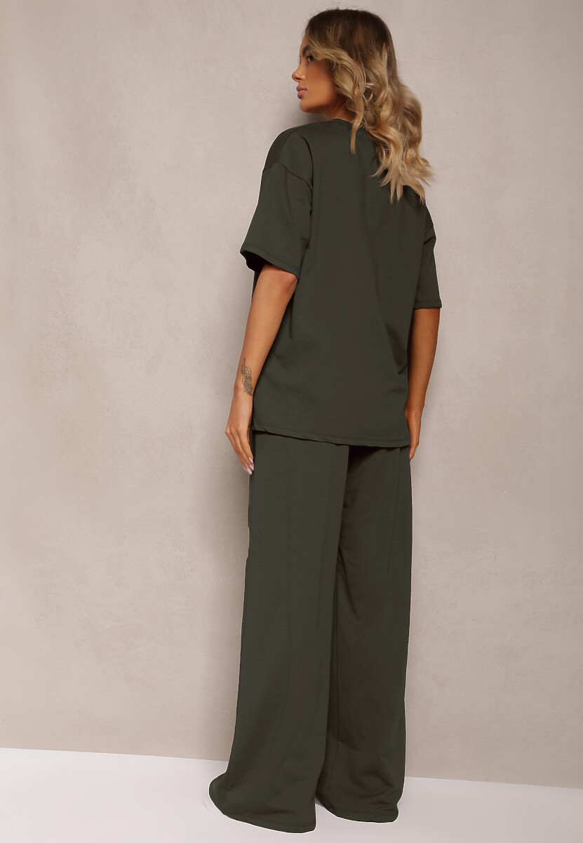 Ciemnozielony Komplet z Bawełny Proste Szerokie Spodnie z Gumką w Pasie Bluzka z Rozcięciami Vimarases