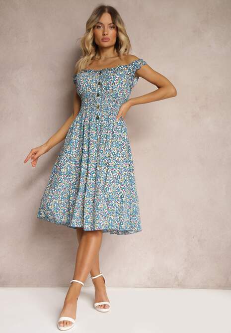 Niebieska Taliowana Sukienka Bawełniana o Rozkloszowanym Kroju z Gumką w Pasie Nelyssa