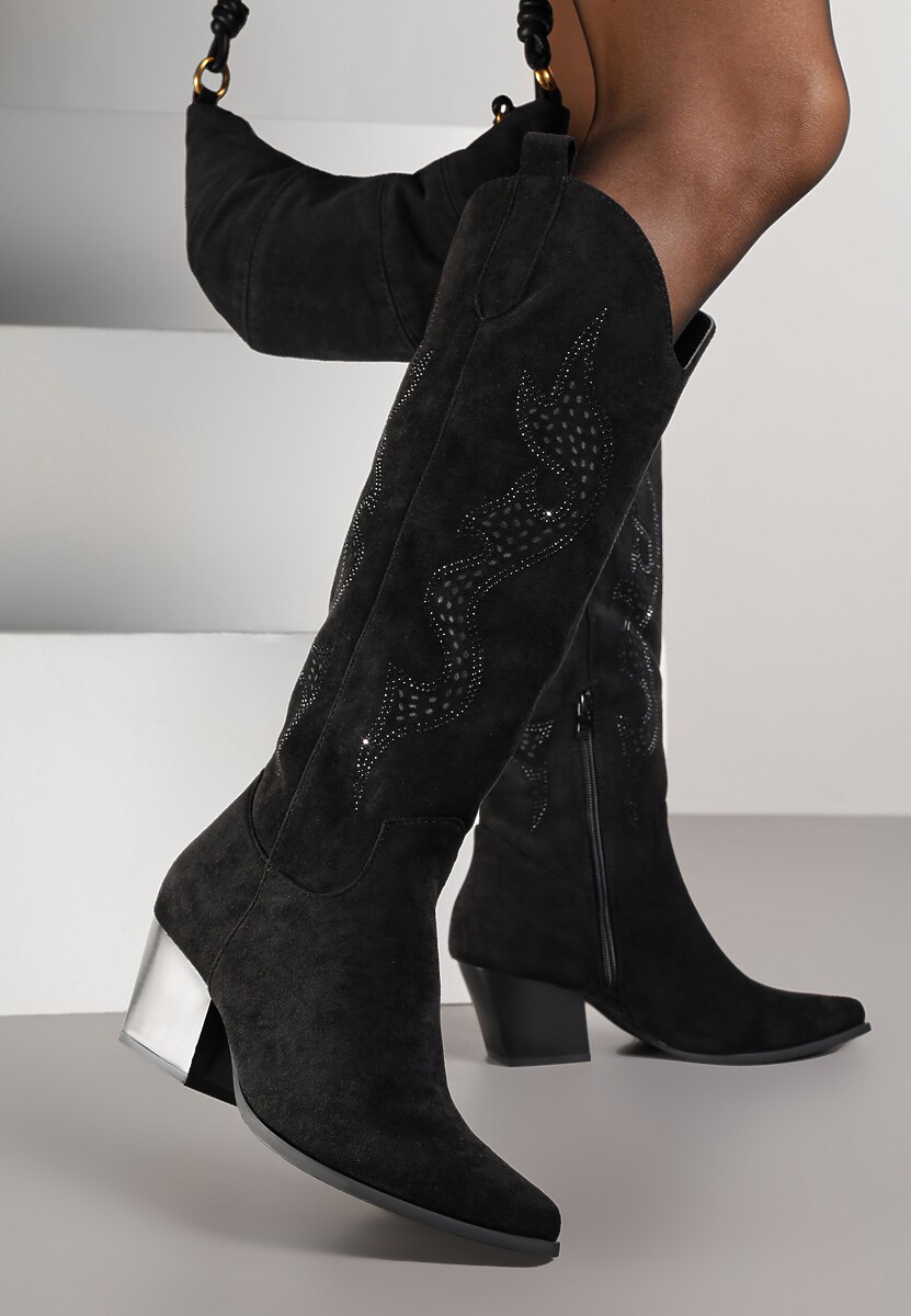 Czarne Kozaki Kowbojki na Stożkowym Obcasie Zdobione Cyrkoniami Nalasania