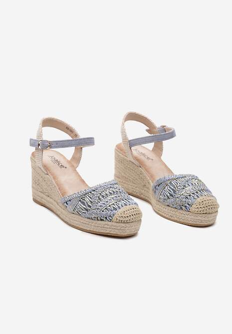 Niebieskie Sandały na Koturnie Ozdobione Plecionką i Metaliczną Nicią Zapinane przy Kostce Zeffani