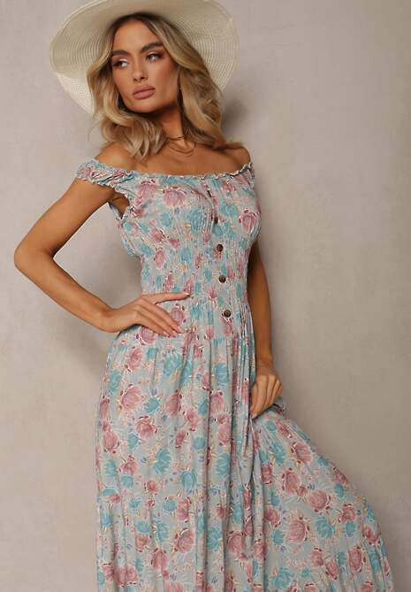 Miętowa Kwiecista Sukienka Rozkloszowana z Bawełny na Ramiączkach Kalassia