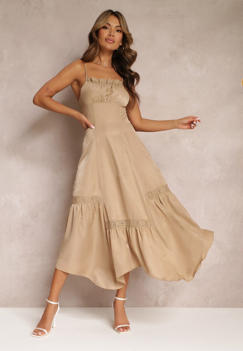 Beżowa Rozkloszowana Sukienka Maxi z Asymetrycznym Dołem Chelsene
