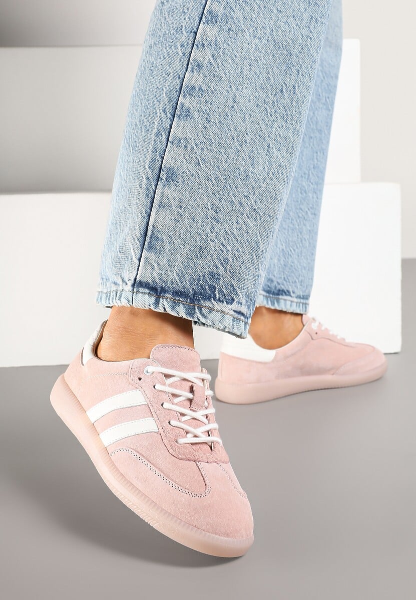 Różowe Płaskie Sneakersy ze Skóry Naturalnej z Ozdobnymi Paskami Nelarielis
