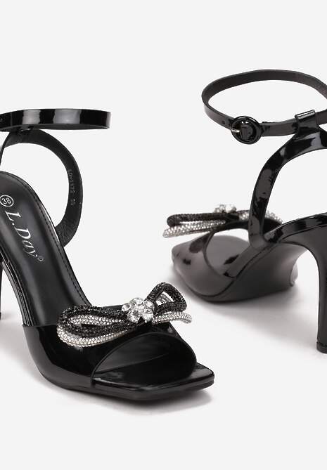 Czarne Sandały na Szpilce z Kokardą i Cyrkoniami Nelya