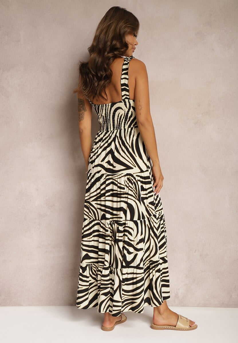 Czarno-Beżowa Sukienka z Wiskozy na Ramiączkach o Rozkloszowanym Kroju Odcinana pod Biustem Mezorea