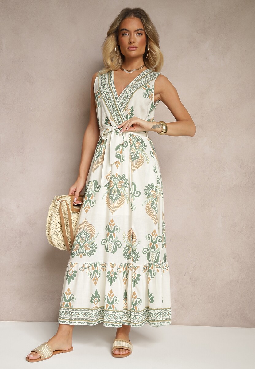 Zielona Kopertowa Sukienka z Wiskozy Ozdobiona Paskiem Eralitia