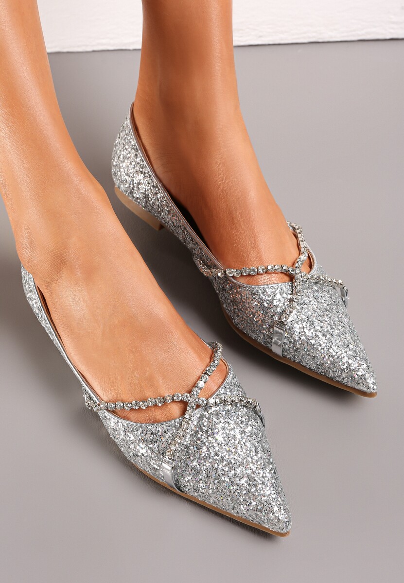 Srebrne Balerinki ze Szpiczastym Noskiem  i Ozdobnym Paskiem z Cyrkoniami Tinara