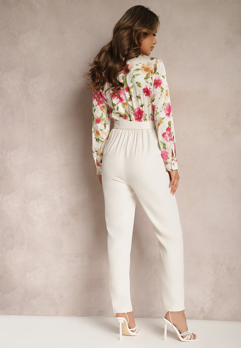 Jasnobeżowy Elegancki Kombinezon z Koszulową Górą w Kwiaty Wiązany w Talii Klerovia