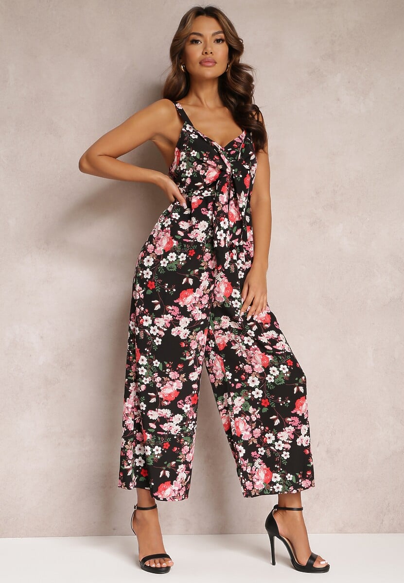Czarny Kombinezon z Szerokimi Nogawkami i Wiązaniem Przy Dekolcie Gloryhallo