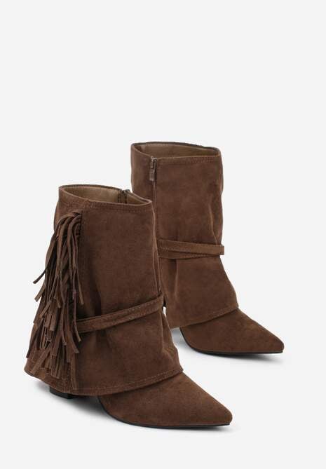 Brązowe Botki Boho z Cholewką Imitującą Nogawkę i Frędzlami Zaslie
