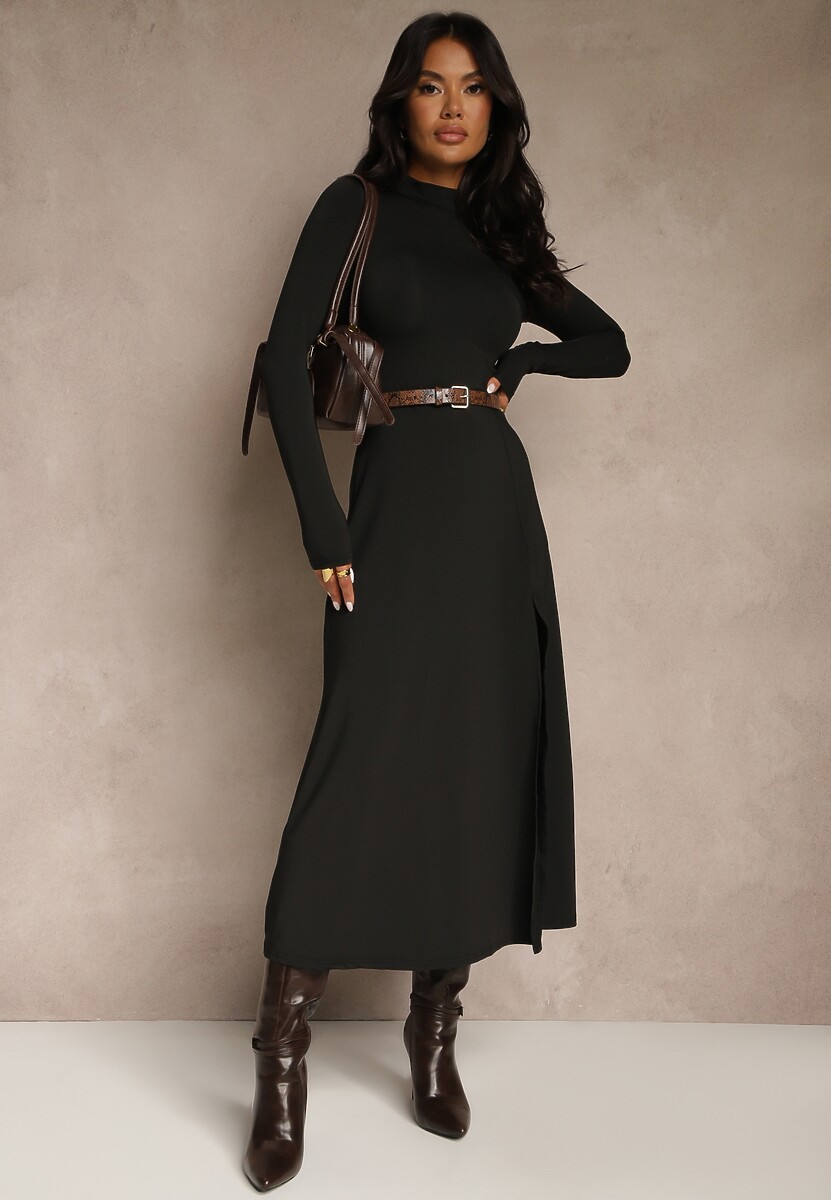 Brązowa Taliowana Sukienka z Rozcięciem na Boku i Półgolfem Saimara