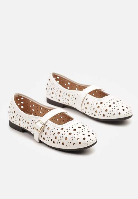 Białe Balerinki z Ażurowymi Wycięciami z Paskiem na Sprzączkę Frollia