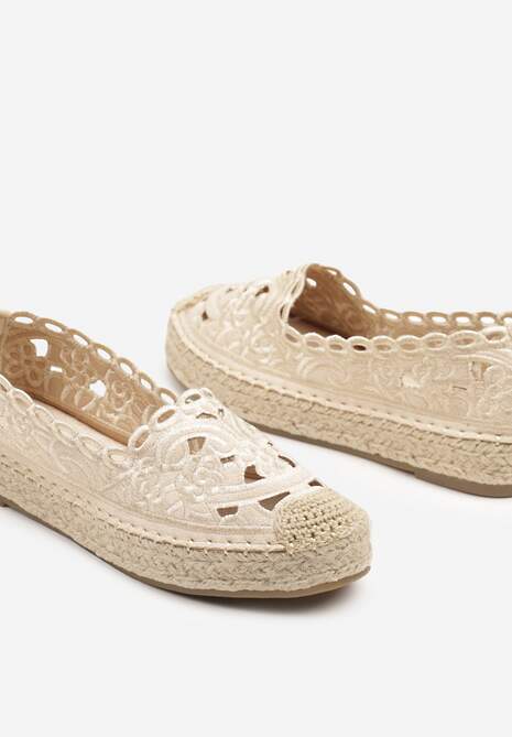 Beżowe Płaskie Espadryle z Ażurową Cholewką Elearwen