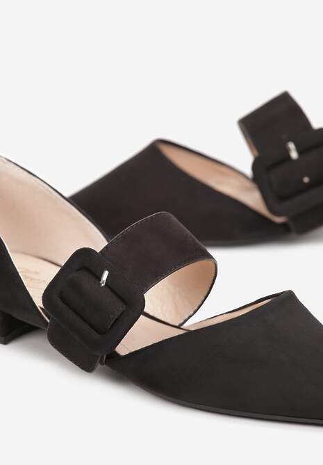 Czarne Balerinki z Paskiem z Klamerką i Szpiczastym Noskiem Neondra