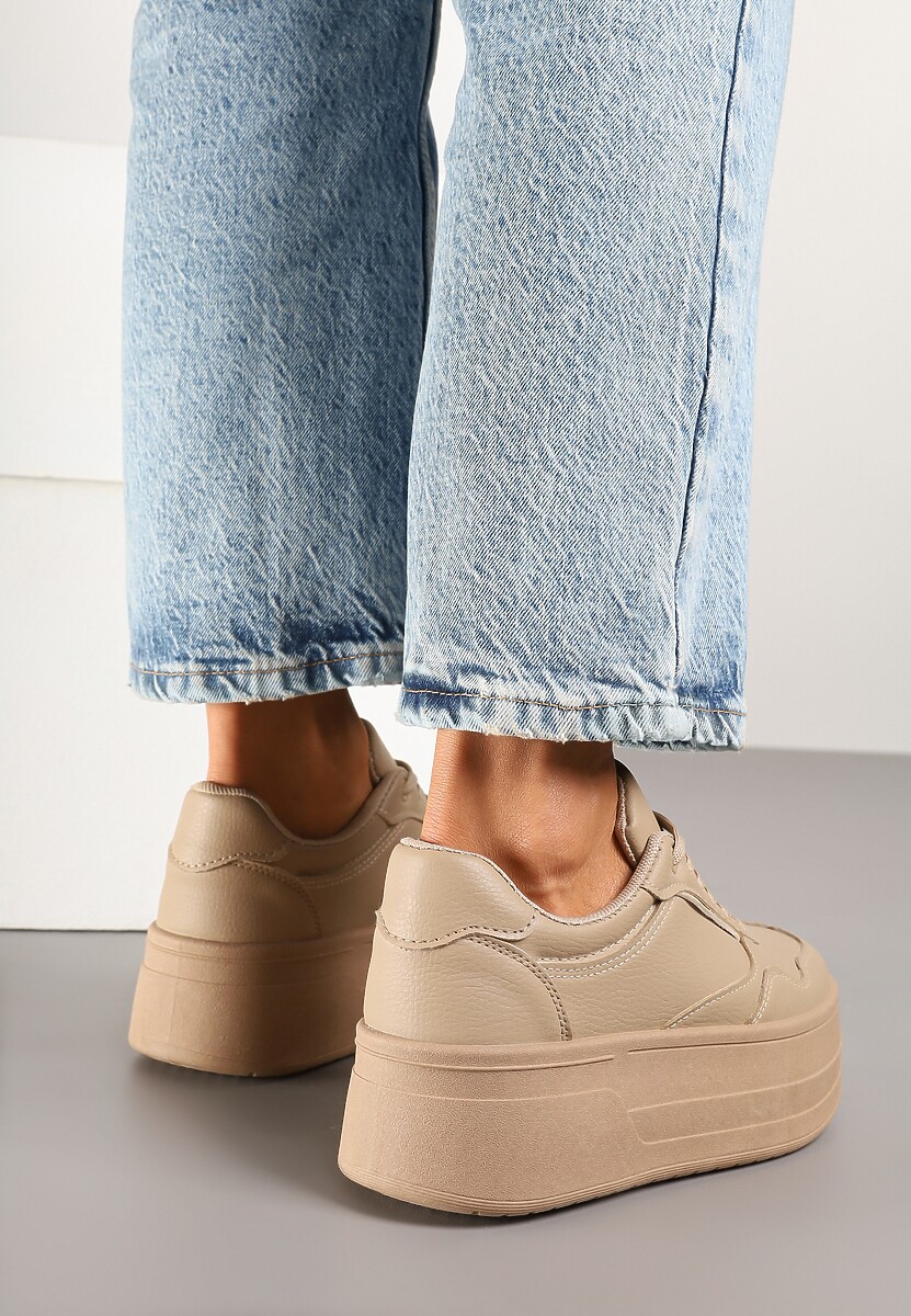 Ciemnobeżowe Sneakersy na Platformie Ozdobionej Tłoczeniem Vaiviera