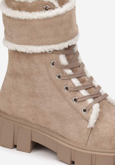 Ciemnobeżowe Botki Workery na Grubej Podeszwie z Futerkiem Valiro