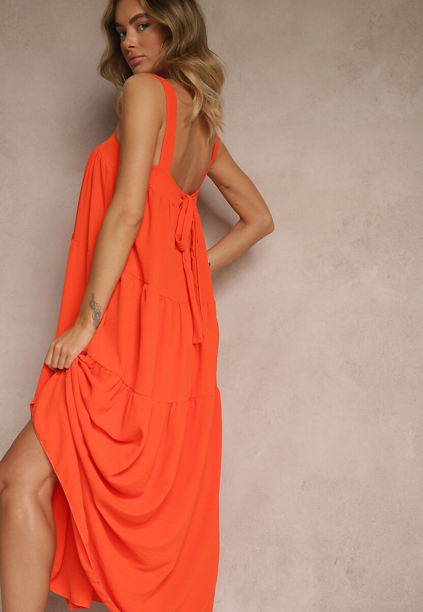 Pomarańczowa Rozkloszowana Sukienka Ozdobiona Wiązaniem na Plecach Saviande