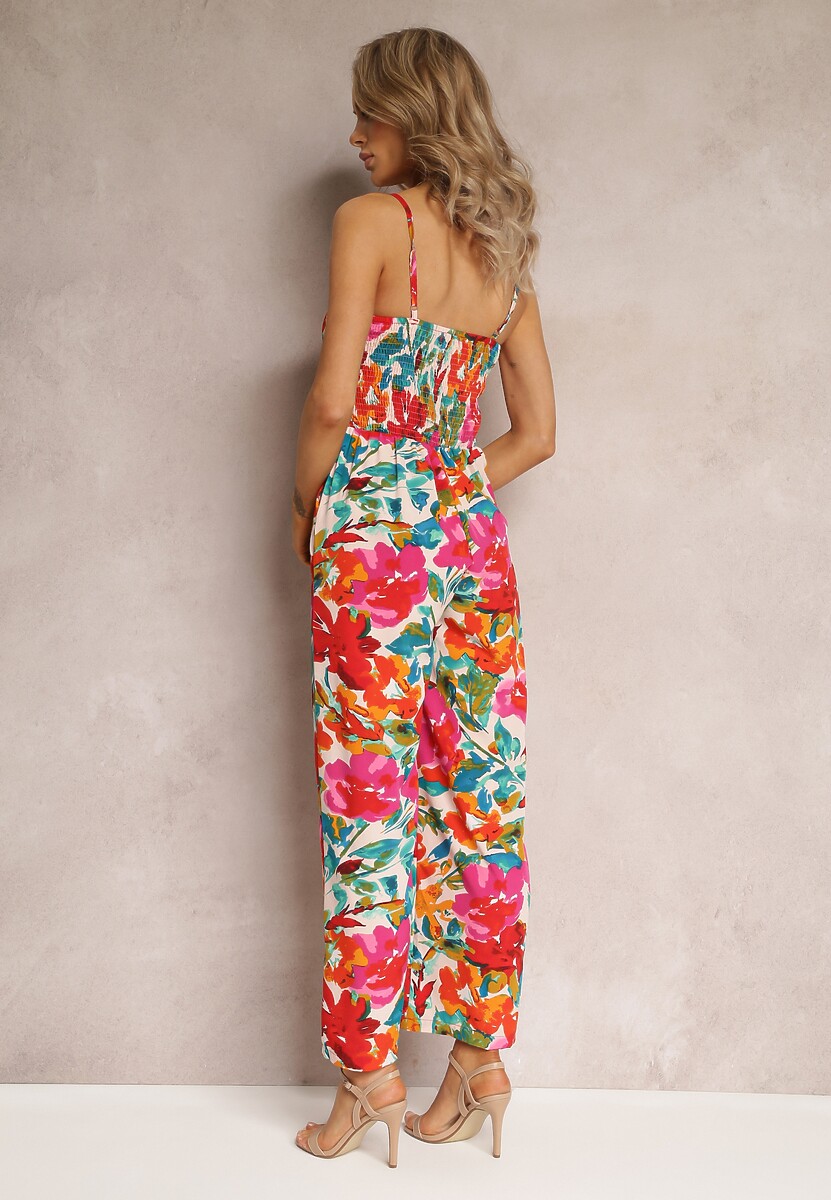 Czerwony Kombinezon z Wiązaniem przy Dekolcie w Kwiaty Aikana