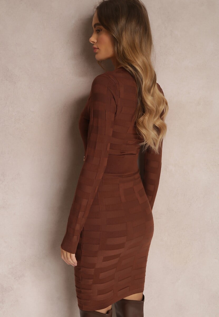 Brązowa Sukienka Dzianinowa z Napami Cits