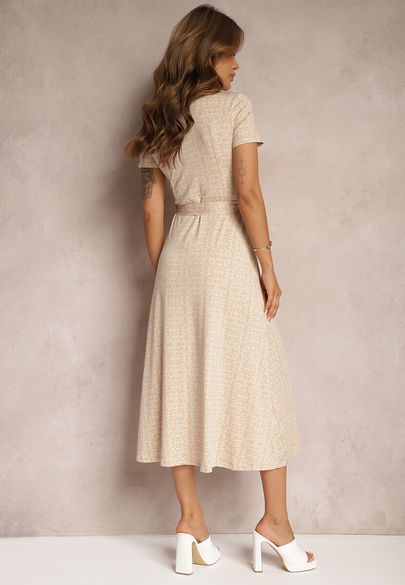 Beżowa Rozkloszowana Sukienka o Koszulowym Kroju z Guzikami i Materiałowym Paskiem w Talii Lranea