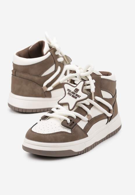 Beżowe Płaskie Sneakersy za Kostkę Ozdobione Gwiazdą Saveline