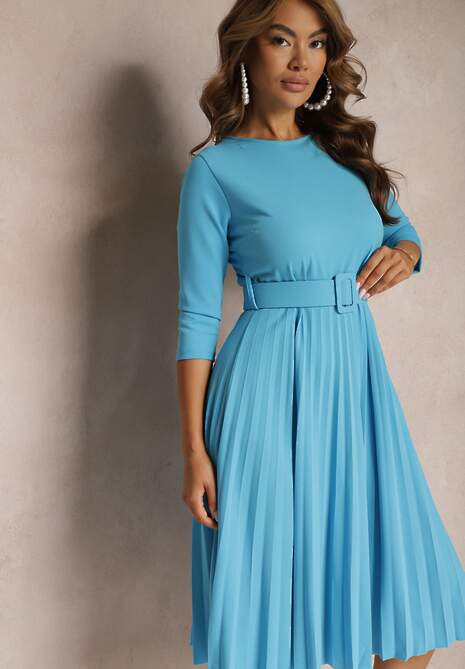 Niebieska Sukienka Plisowana z Paskiem Valfe