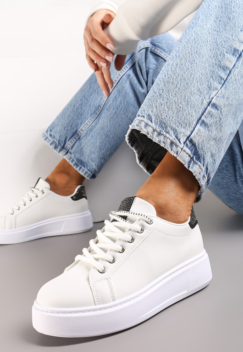 Biało-Srebrne Sneakersy Ozdobione Brokatem i Drobnymi Cyrkoniami Emavia