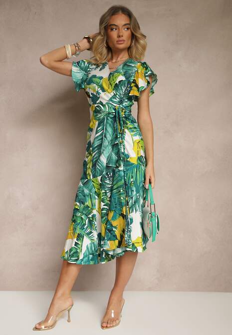 Zielona Sukienka o Rozkloszowanym Kroju z Wiązaniem z Motywem Roślinnym Janiraena