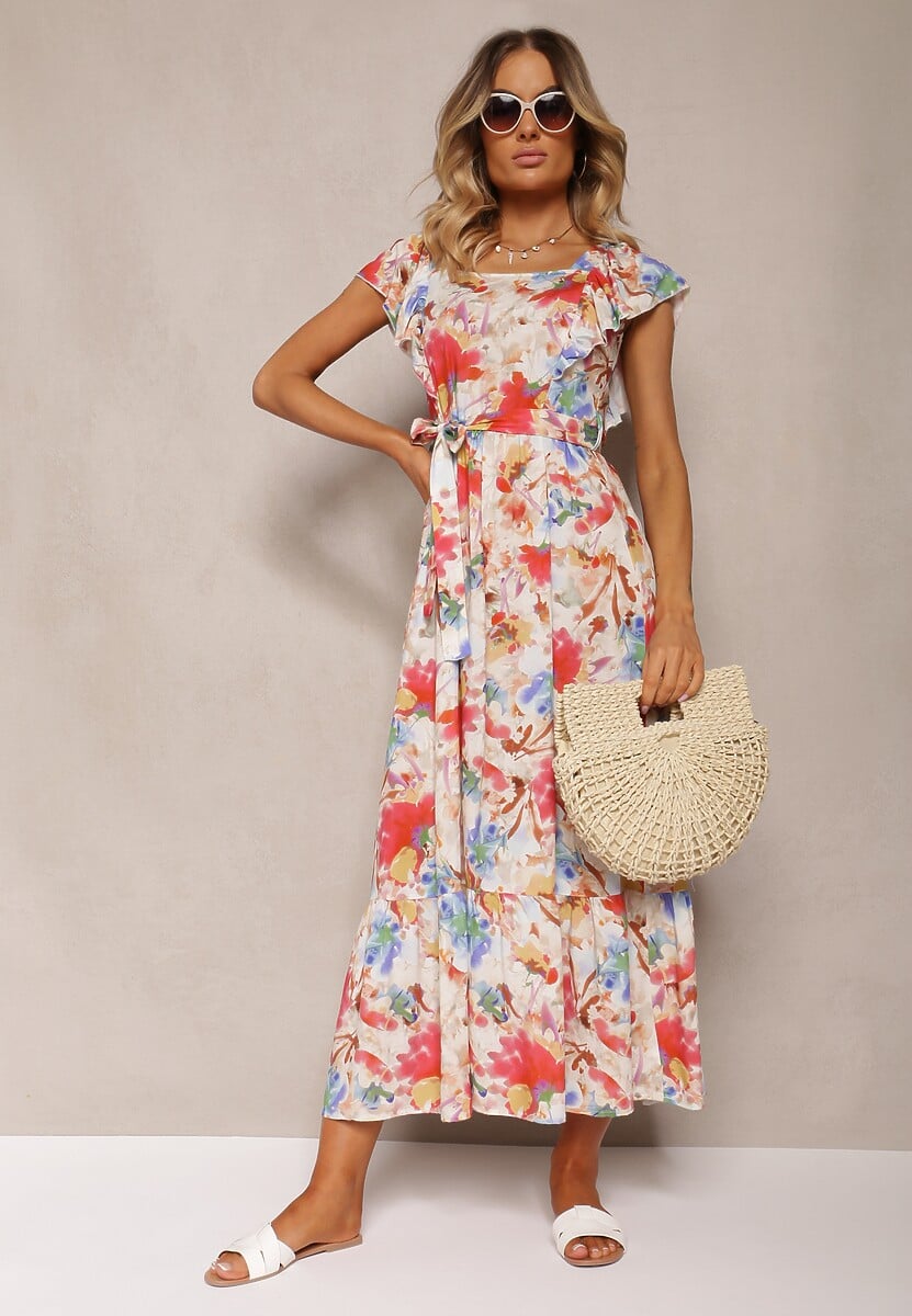 Beżowo-Różowa Kwiecista Sukienka z Wiskozy z Falbanką na Ramiączkach z Materiałowym Paskiem Nuclemia