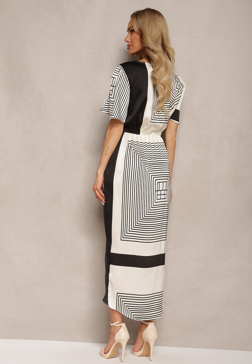 Czarno-Beżowa Satynowa Sukienka o Kopertowym Kroju z Gumką w Talii i Geometrycznym Printem Effiana