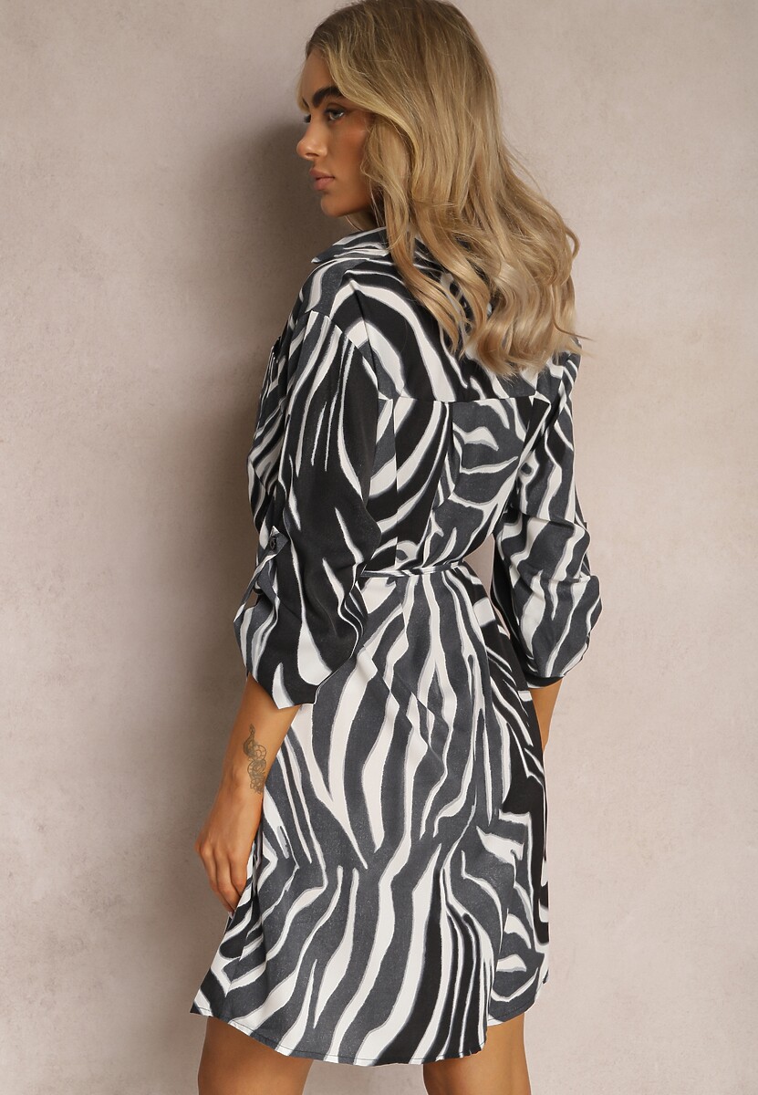 Czarna Koszulowa Sukienka Mini w Paski Zebry Elariama