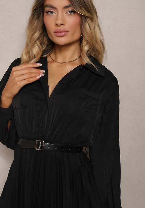 Czarna Rozkloszowana Sukienka Midi z Guzikami i Paskiem Ozdobiona Plisowaniem Lathori