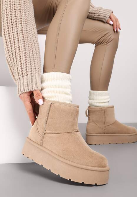 Ciemnobeżowe Wsuwane Śniegowce na Gładkiej Platformie Irindara