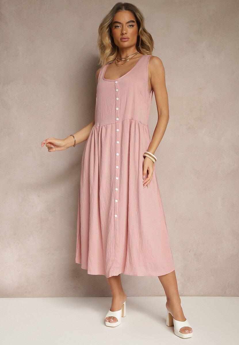 Różowa Rozkloszowana Sukienka z Wiskozy Ozdobiona Guzikami Nataviela