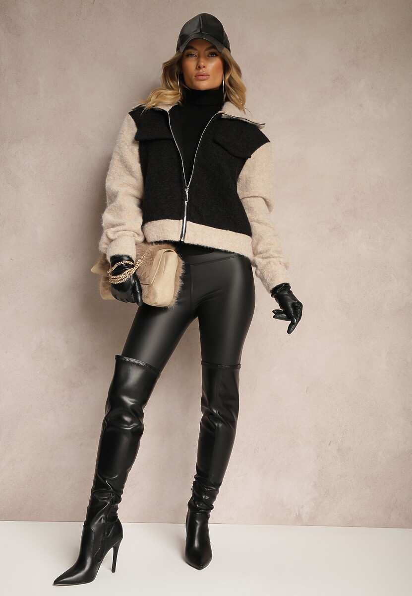 Czarna Przejściowa Kurtka Boucle z Wysokim Kołnierzem i Imitacją Kieszeni Lilarra